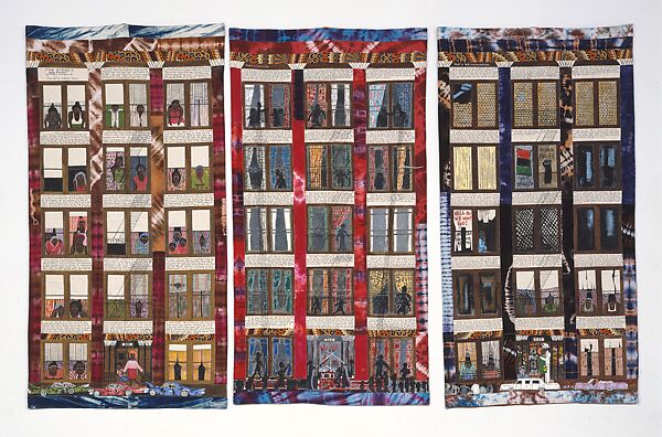 Street Story Quilt, Faith Ringgold (American, born New York, 1930), Cotton canvas, acrylic paint, ink marker, dyed and printed cotton, and sequins, sewn to a cotton flannel backing 