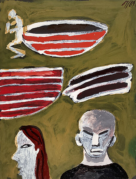 Three People in Boats, Adolfo Riestra (Mexican, Tepic 1944–1989 Mexico City), Opaque watercolor, enamel paint, and brush and black ink on dark gray paper 