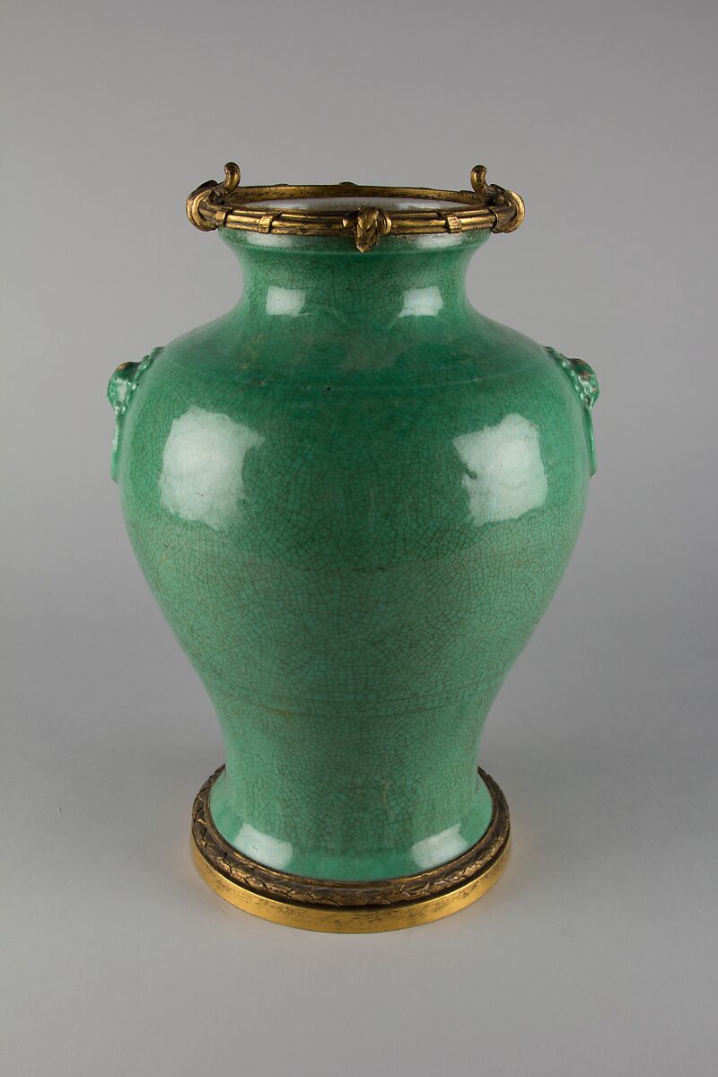 Jar with lion-head ornaments, Porcelain with crackled green glaze (Jingdezhen ware), gilt bronze mounts, China