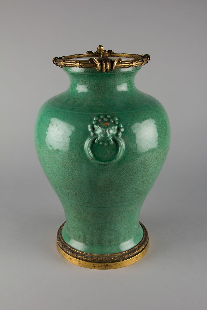 Jar with lion-head ornaments, Porcelain with crackled green glaze (Jingdezhen ware), gilt bronze mounts, China
