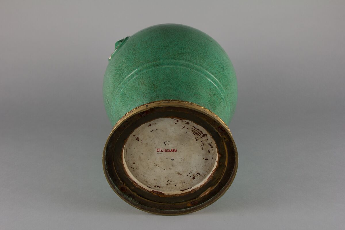 Jar with lion-head ornaments, Porcelain with crackled green glaze (Jingdezhen ware), gilt bronze mounts, China