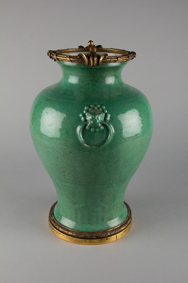 Jar with lion-head ornaments, Porcelain with crackled green glaze (Jingdezhen ware), gilt bronze mounts, China