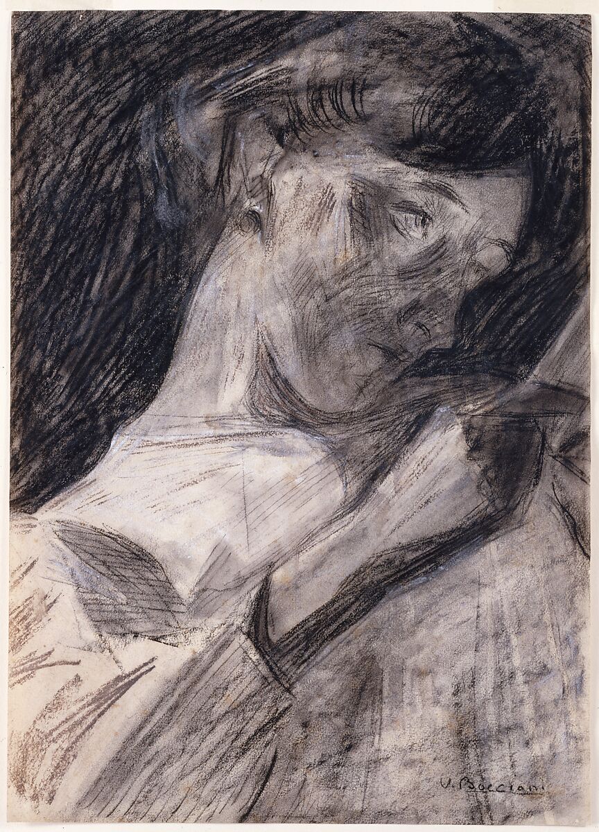 Young Woman Reading (Ines), Umberto Boccioni (Italian, Reggio 1882–1916 Sorte), Charcoal and crayon with white and brown chalks on paper 