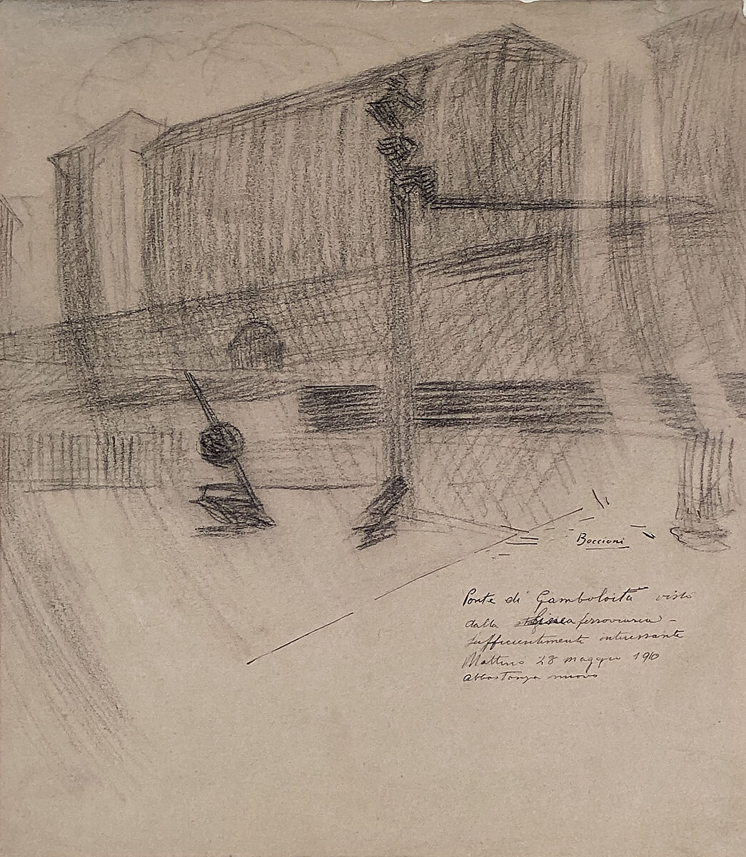 The Gamboloita Bridge, Umberto Boccioni (Italian, Reggio 1882–1916 Sorte), Black conte crayon with pen and brown ink on paper 