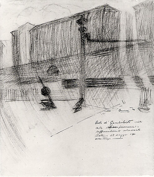 The Gamboloita Bridge, Umberto Boccioni (Italian, Reggio 1882–1916 Sorte), Black conte crayon with pen and brown ink on paper 