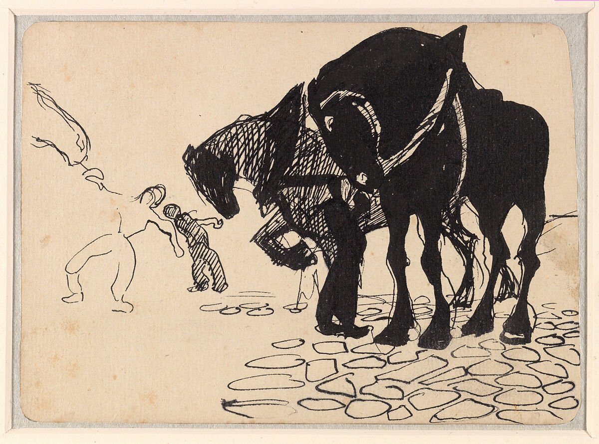 Three Horses Tended by Men; Stone Pavement (recto); Horses and Figures in a Landscape (verso), Umberto Boccioni (Italian, Reggio 1882–1916 Sorte), Pen and brush and black ink on paper 