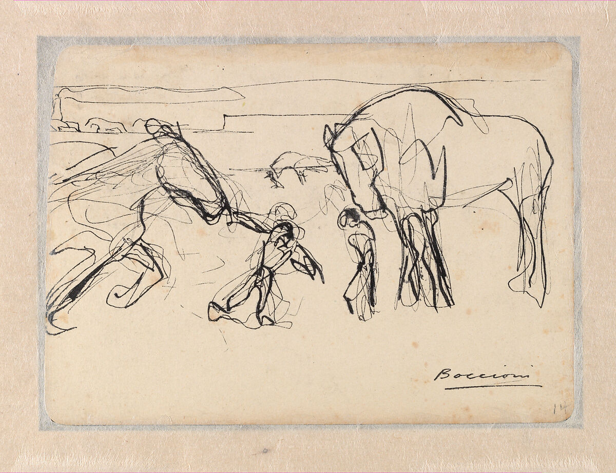 Three Horses Tended by Men; Stone Pavement (recto); Horses and Figures in a Landscape (verso), Umberto Boccioni (Italian, Reggio 1882–1916 Sorte), Pen and brush and black ink on paper