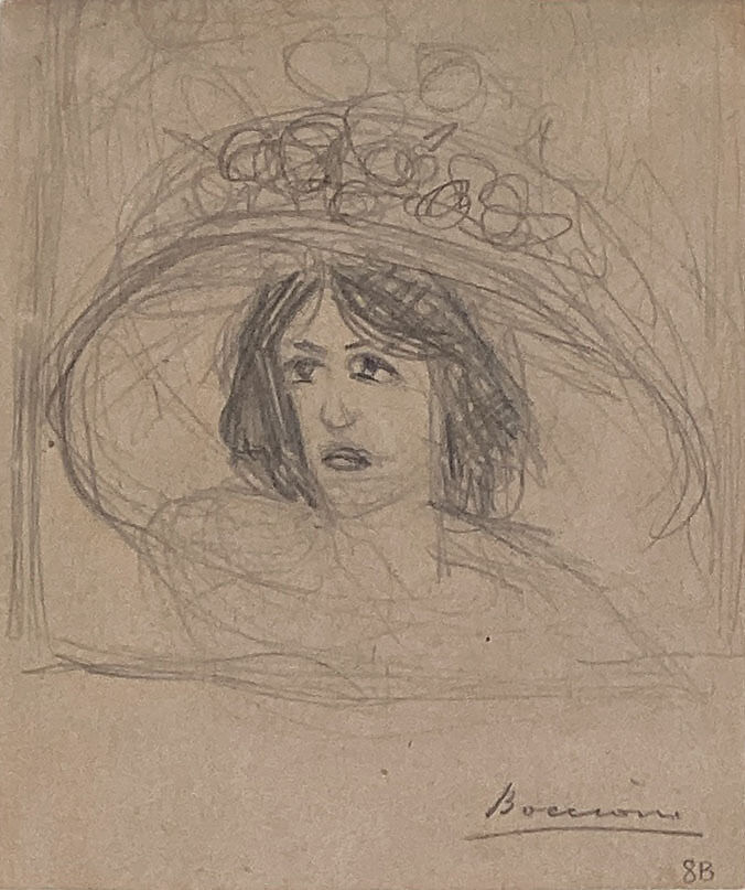 Head of a Young Woman with a Large Hat, Umberto Boccioni (Italian, Reggio 1882–1916 Sorte), Graphite on paper 