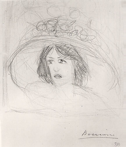 Head of a Young Woman with a Large Hat, Umberto Boccioni (Italian, Reggio 1882–1916 Sorte), Graphite on paper 