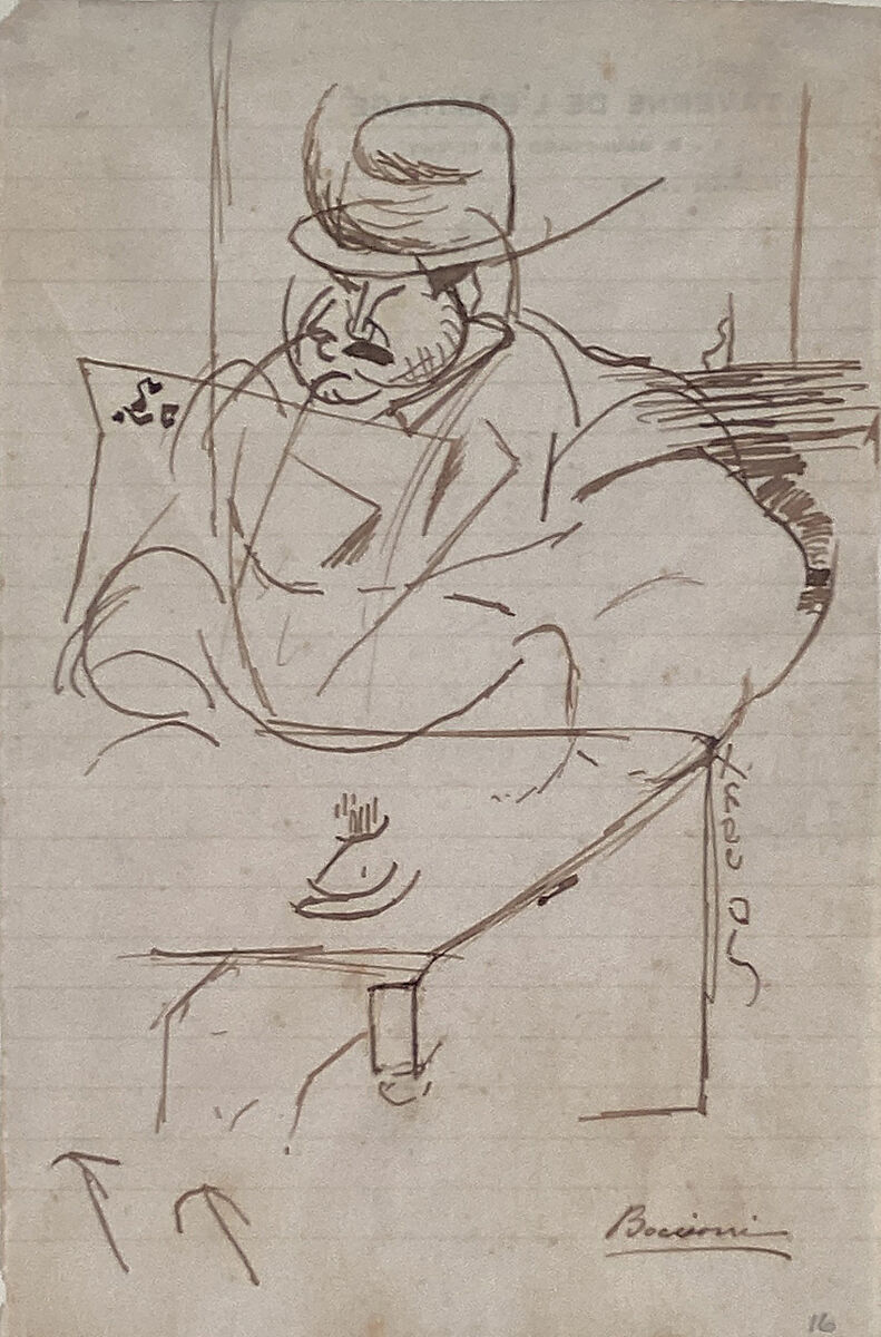 Man at a Café Table, Paris, Umberto Boccioni (Italian, Reggio 1882–1916 Sorte), Pen and brown ink on printed paper 