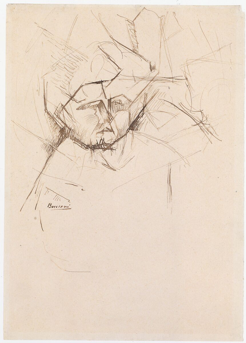 Analytical Study of a Woman's Head Against Buildings, Umberto Boccioni (Italian, Reggio 1882–1916 Sorte), Pen and brown ink on paper 