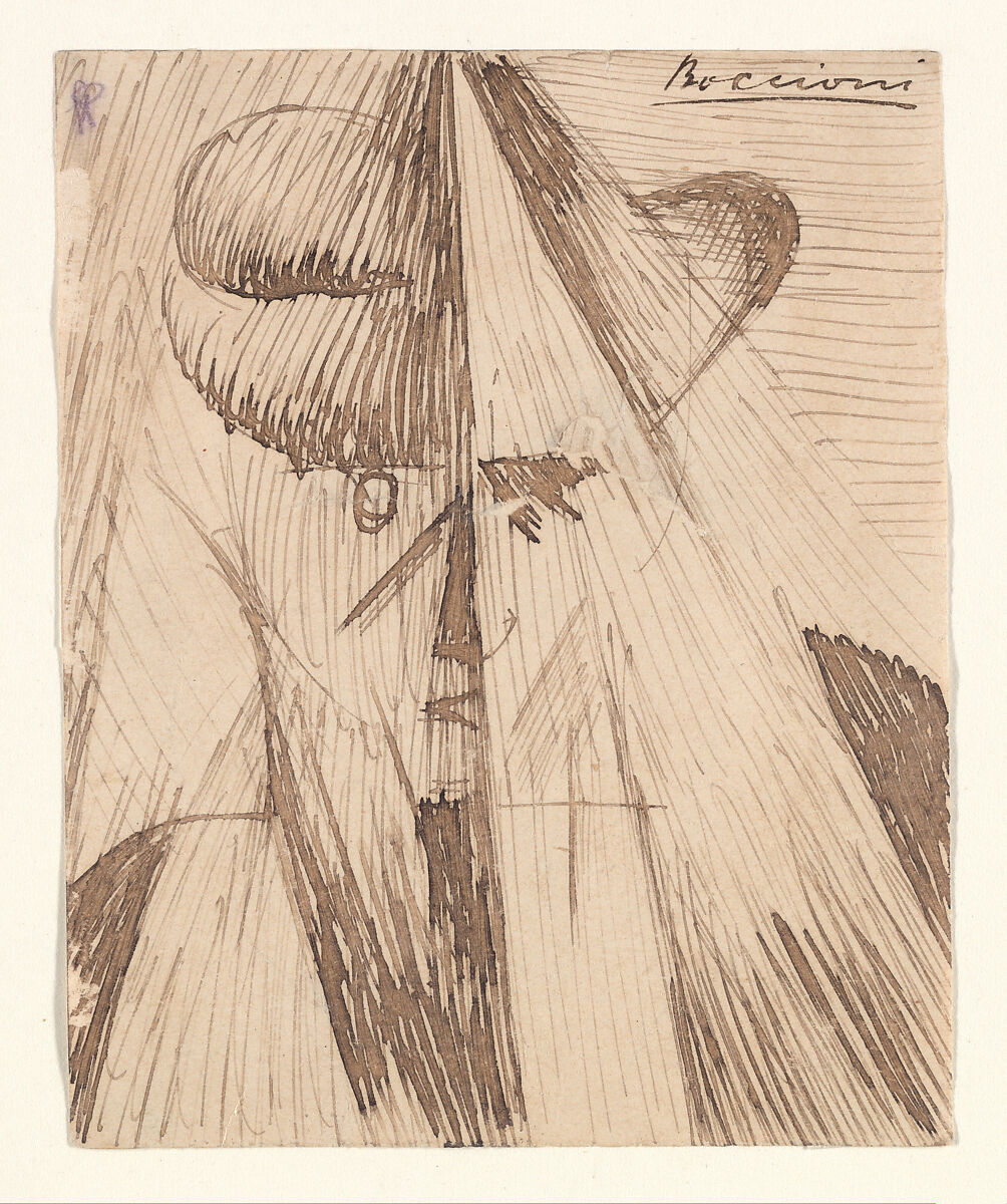 Head Against the Light (The Artist's Sister), Umberto Boccioni (Italian, Reggio 1882–1916 Sorte), Pen and brown ink with traces of copy pencil on paper 