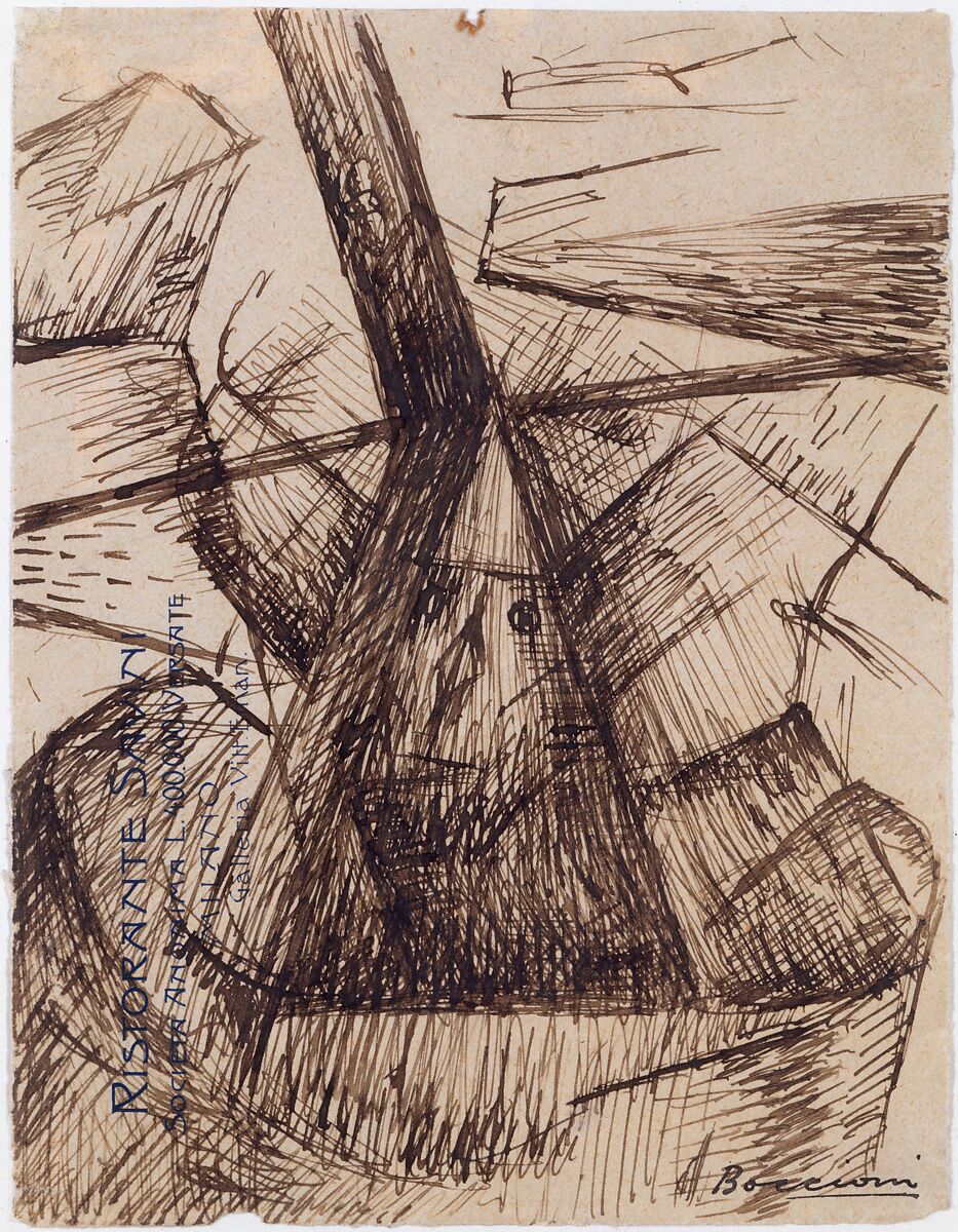 Study for "Fusion of a Head and a Window", Umberto Boccioni (Italian, Reggio 1882–1916 Sorte), Pen and brown ink on printed paper 