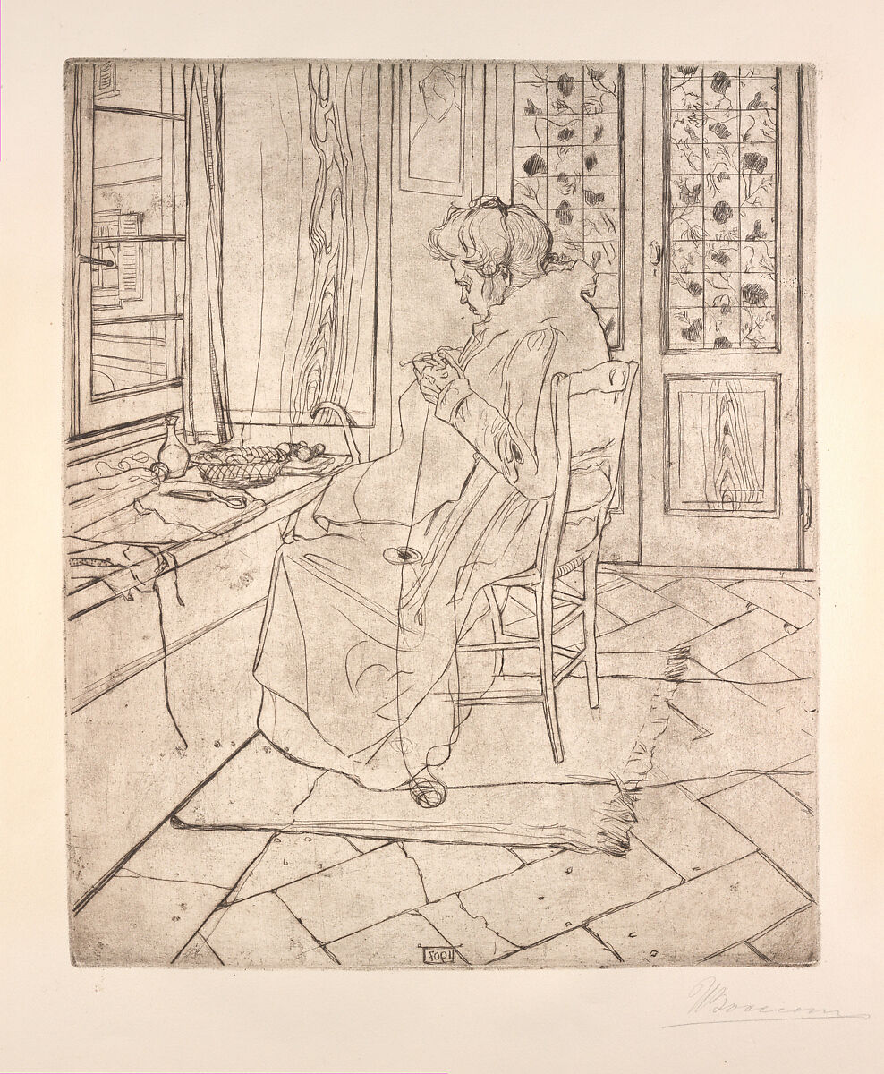 The Artist's Mother Crocheting, Umberto Boccioni (Italian, Reggio 1882–1916 Sorte), Etching and drypoint, printed in brown ink 