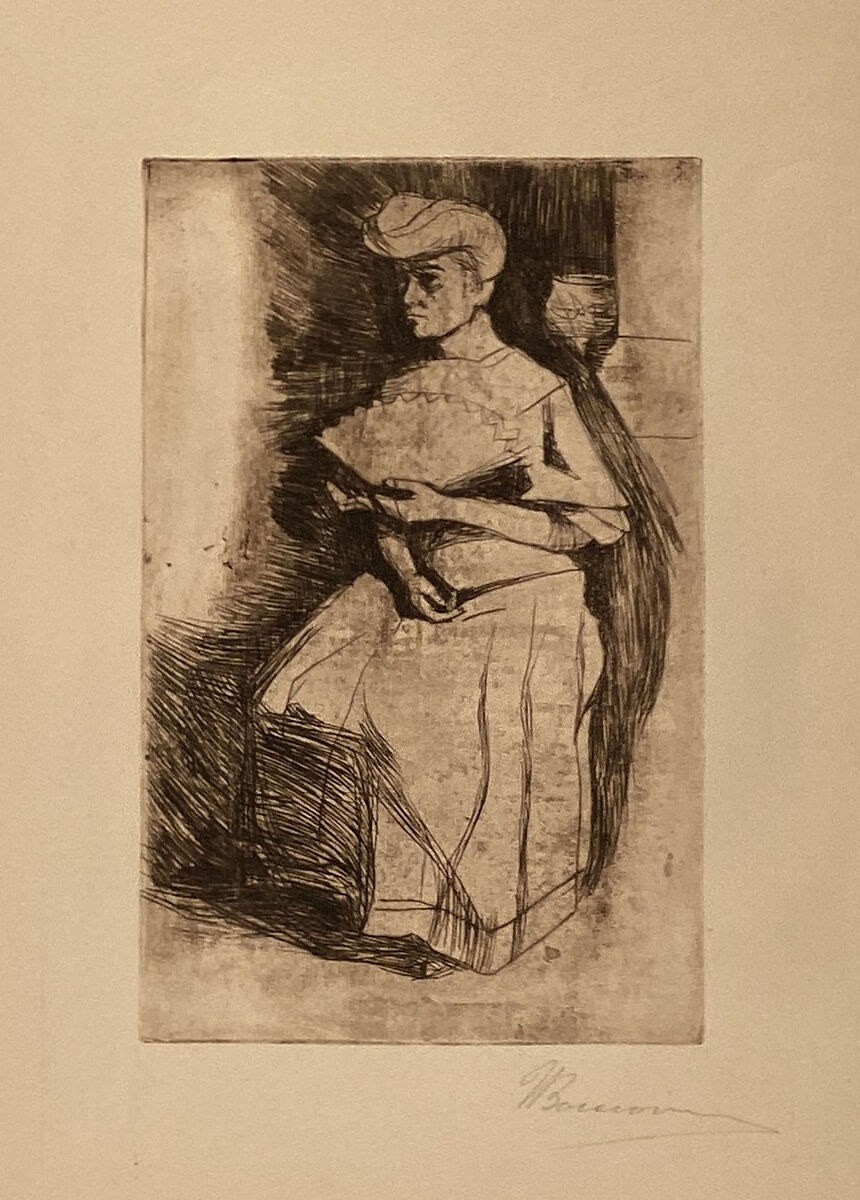 Seated Woman Holding a Fan, Umberto Boccioni (Italian, Reggio 1882–1916 Sorte), Drypoint, printed in brown ink