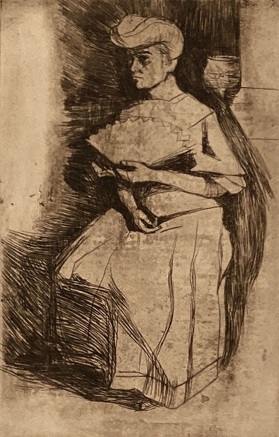 Seated Woman Holding a Fan, Umberto Boccioni (Italian, Reggio 1882–1916 Sorte), Drypoint, printed in brown ink 