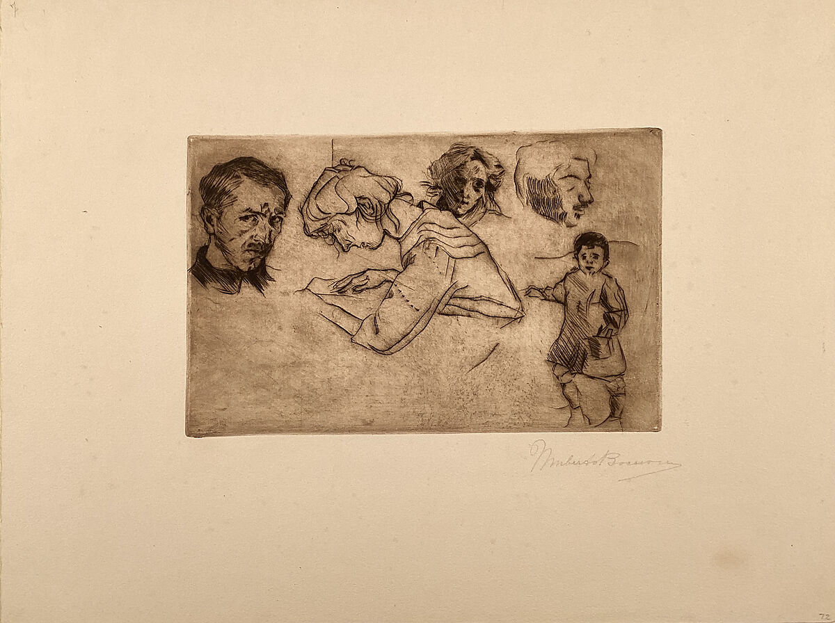 Sheet of Studies with Five Portraits, Umberto Boccioni (Italian, Reggio 1882–1916 Sorte), Drypoint, printed in brown ink