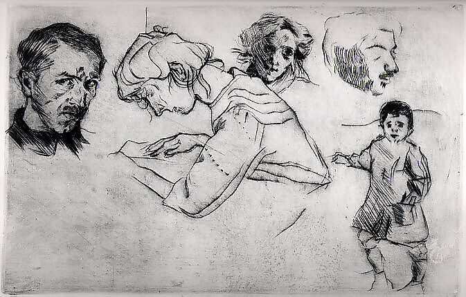 Sheet of Studies with Five Portraits, Umberto Boccioni (Italian, Reggio 1882–1916 Sorte), Drypoint, printed in brown ink