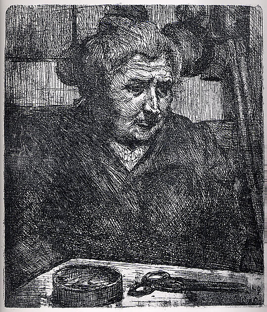 The Artist's Mother at a Table, Umberto Boccioni (Italian, Reggio 1882–1916 Sorte), Etching, printed in brown ink 