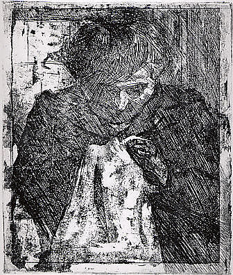 The Artist's Mother Sewing, Umberto Boccioni (Italian, Reggio 1882–1916 Sorte), Etching, printed in brown ink 