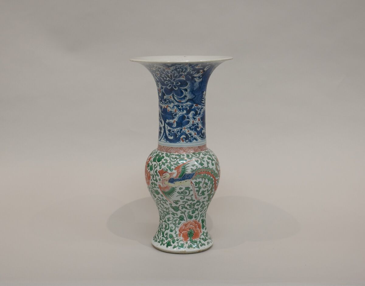 Vase with phoenixes amid flowers, Porcelain painted in underglaze cobalt blue and overglaze polychrome enamels (Jingdezhen ware), China 