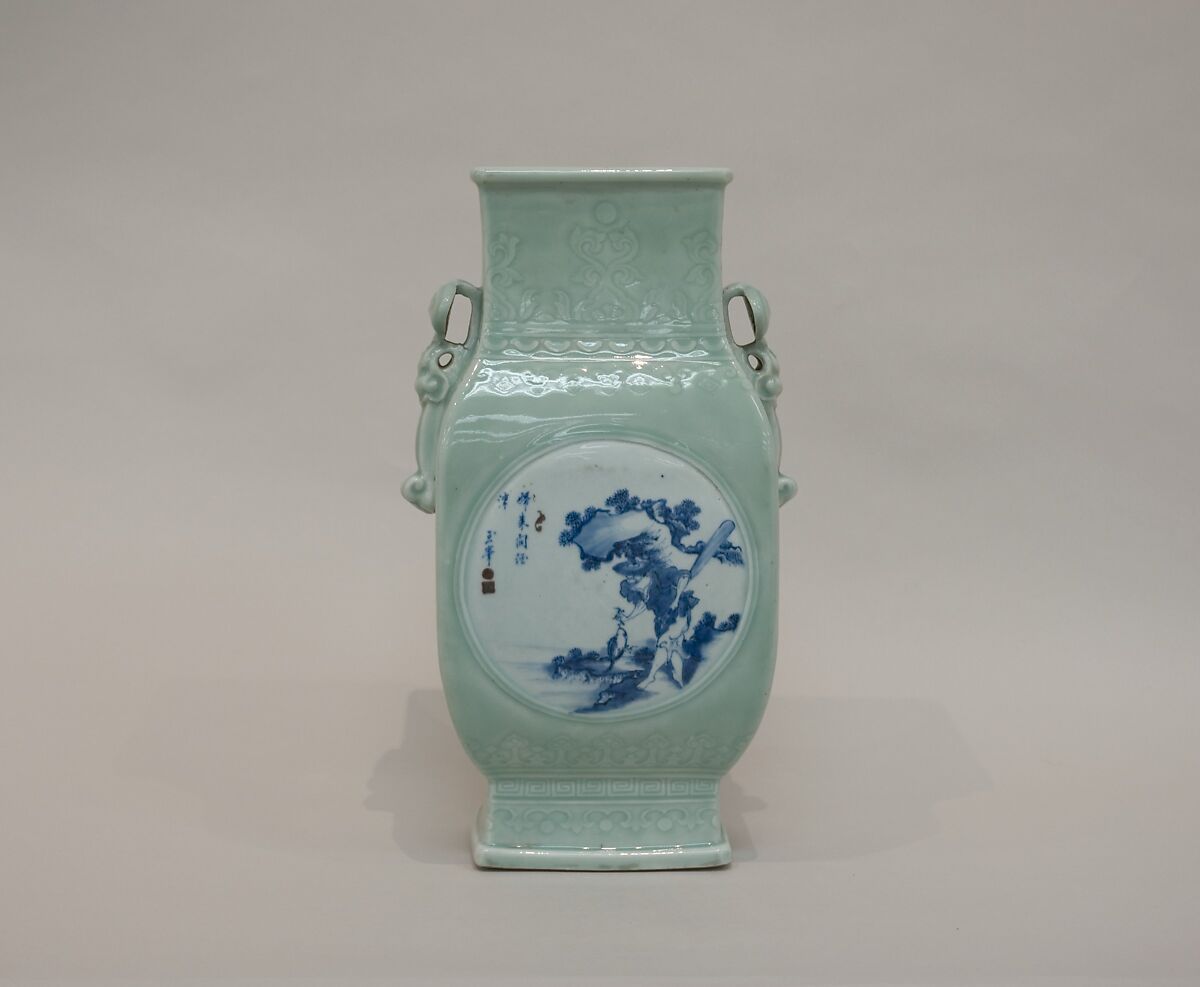 Vase with poetric scenes, Porcelain painted in underglaze cobalt blue and copper red, and low-relief decoration under celadon glaze (Jingdezhen ware), China