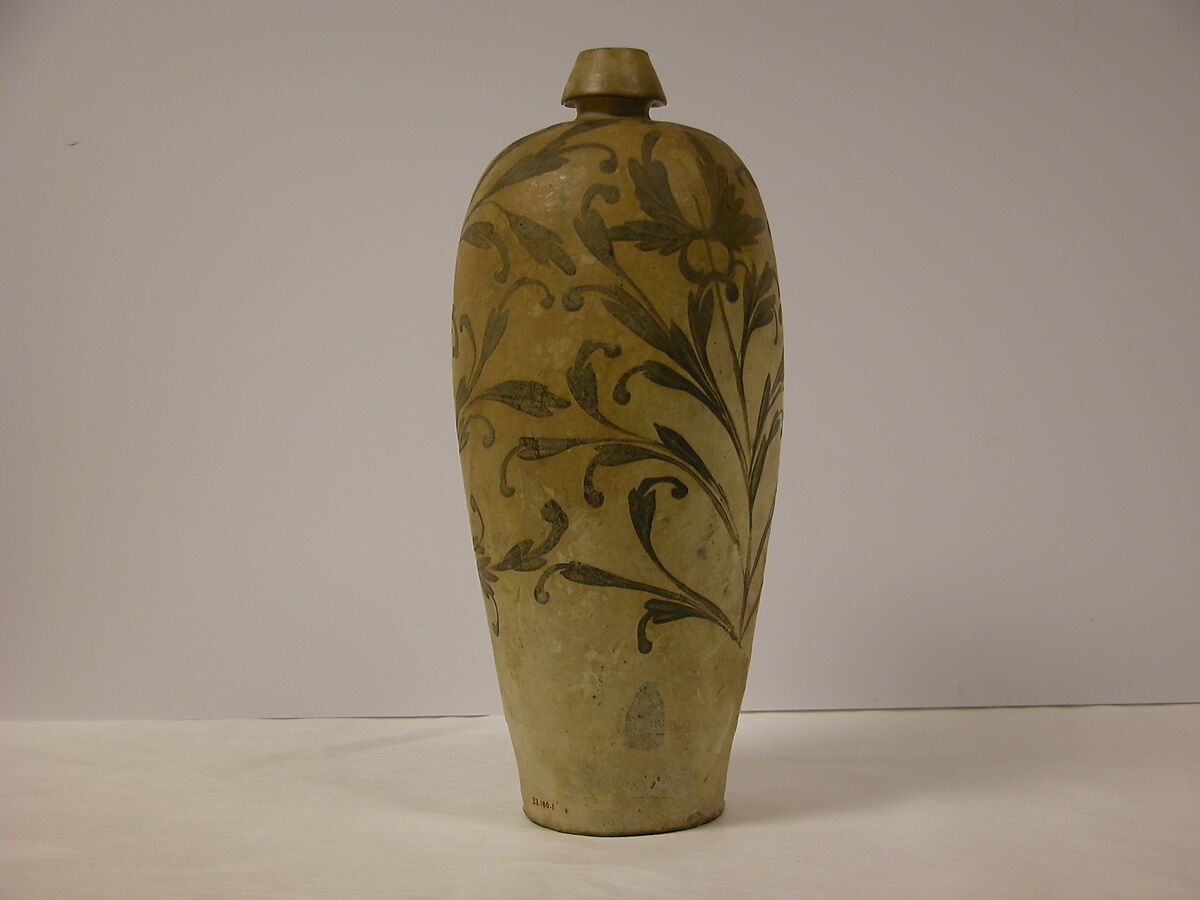 Meiping vase with flowers, Stoneware painted in black over white slip (Cizhou ware type), China 