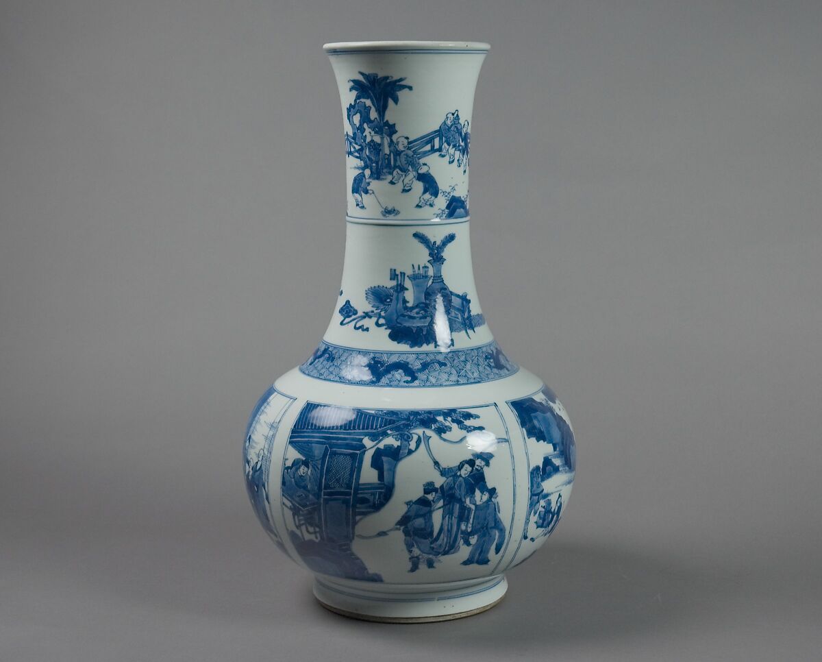 Vase with scenes from Romance of the West Chamber, Porcelain painted in cobalt blue under transparent glaze (Jingdezhen ware), China