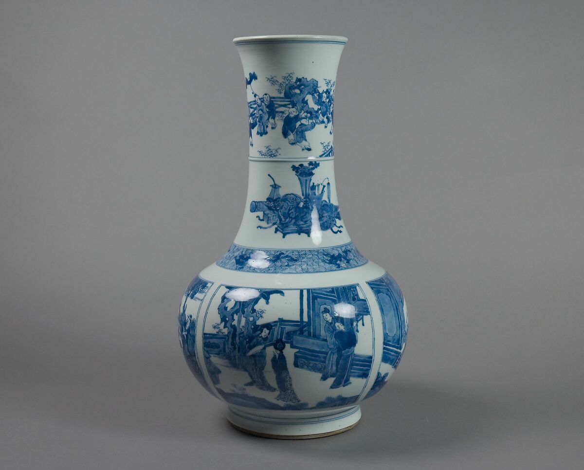 Vase with scenes from Romance of the West Chamber, Porcelain painted in cobalt blue under transparent glaze (Jingdezhen ware), China 