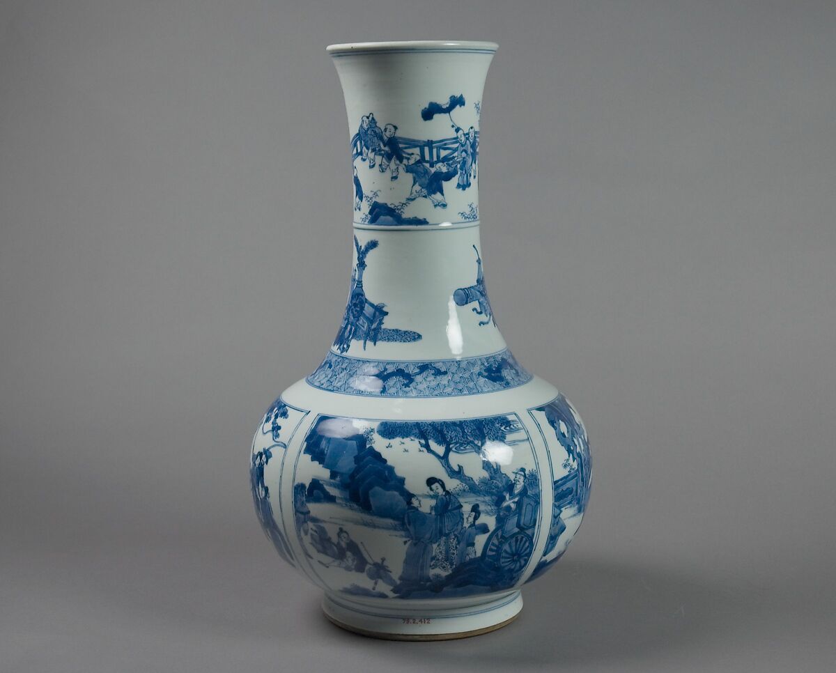 Vase with scenes from Romance of the West Chamber, Porcelain painted in cobalt blue under transparent glaze (Jingdezhen ware), China
