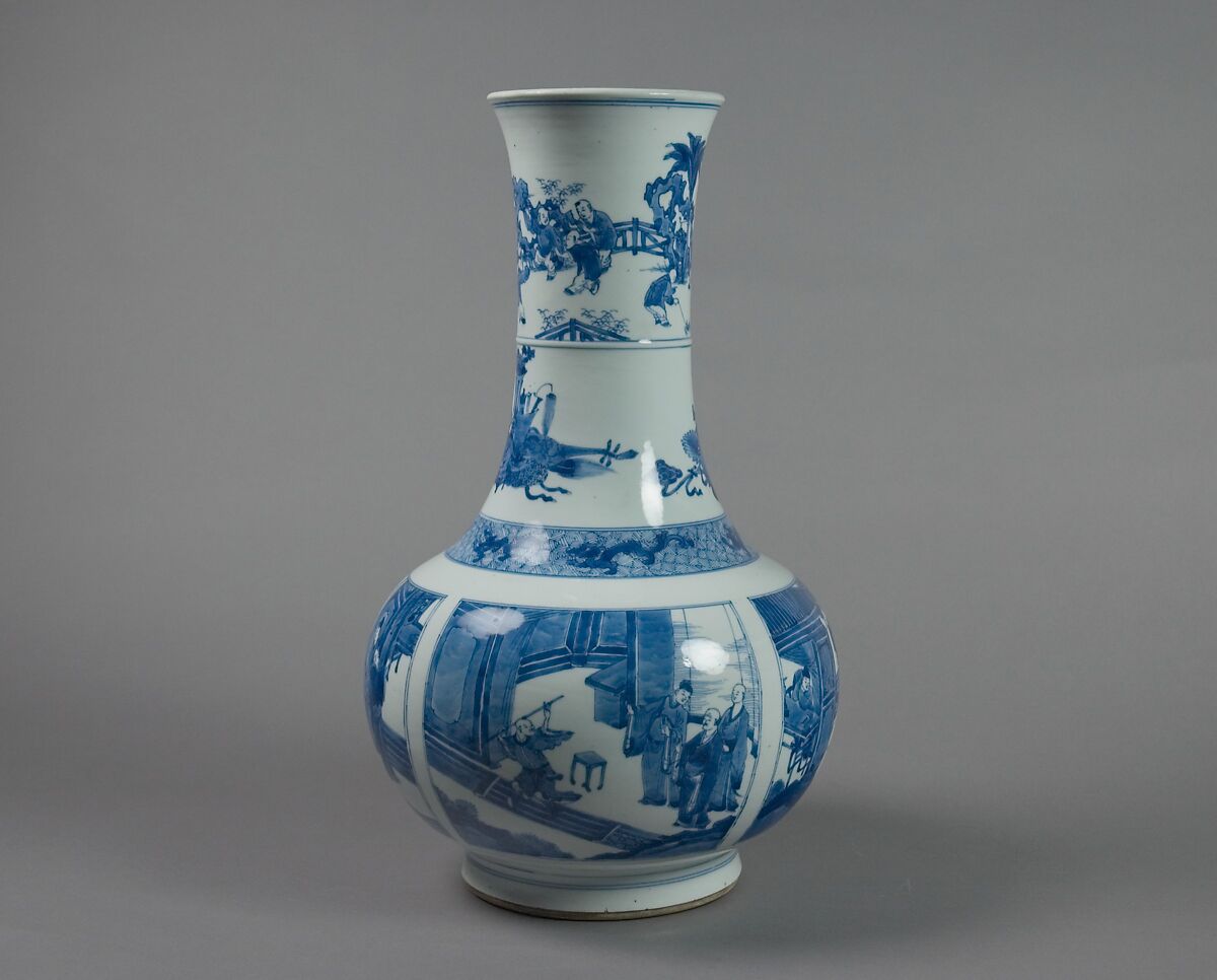 Vase with scenes from Romance of the West Chamber, Porcelain painted in cobalt blue under transparent glaze (Jingdezhen ware), China