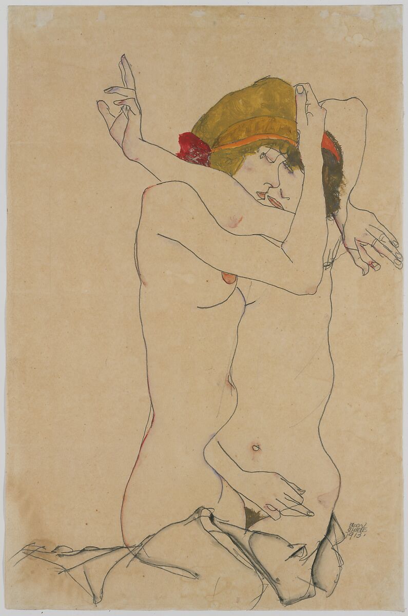 Two Women Embracing, Egon Schiele (Austrian, Tulln 1890–1918 Vienna), Gouache, watercolor, and graphite on paper 