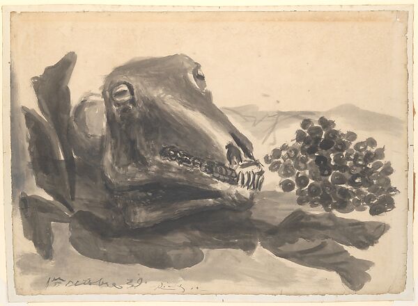 Sheep Skull with Grapes, Pablo Picasso (Spanish, Malaga 1881–1973 Mougins, France), Ink and gouache on paper 