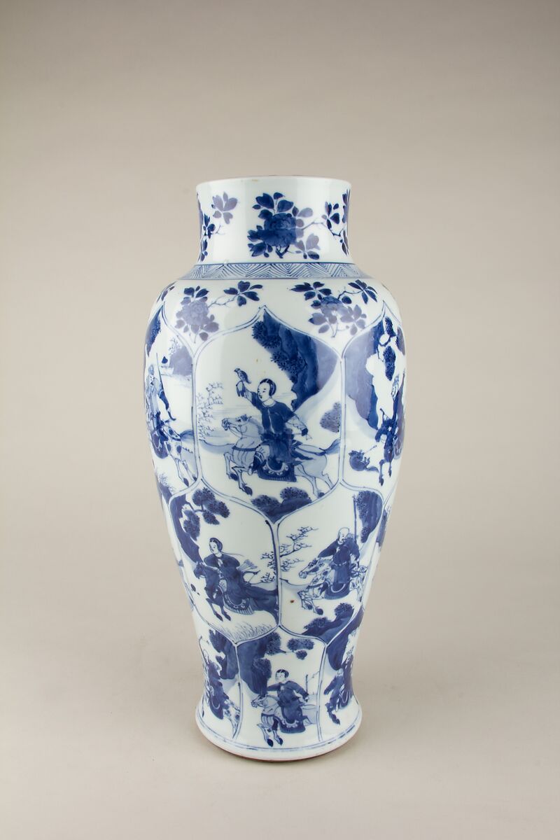 Vase with mounted hunters, Porcelain painted in underglaze cobalt blue (Jingdezhen ware), China