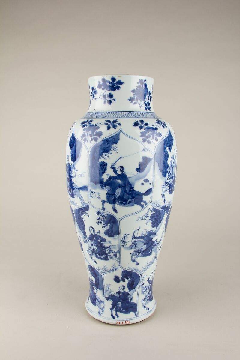 Vase with mounted hunters, Porcelain painted in underglaze cobalt blue (Jingdezhen ware), China 