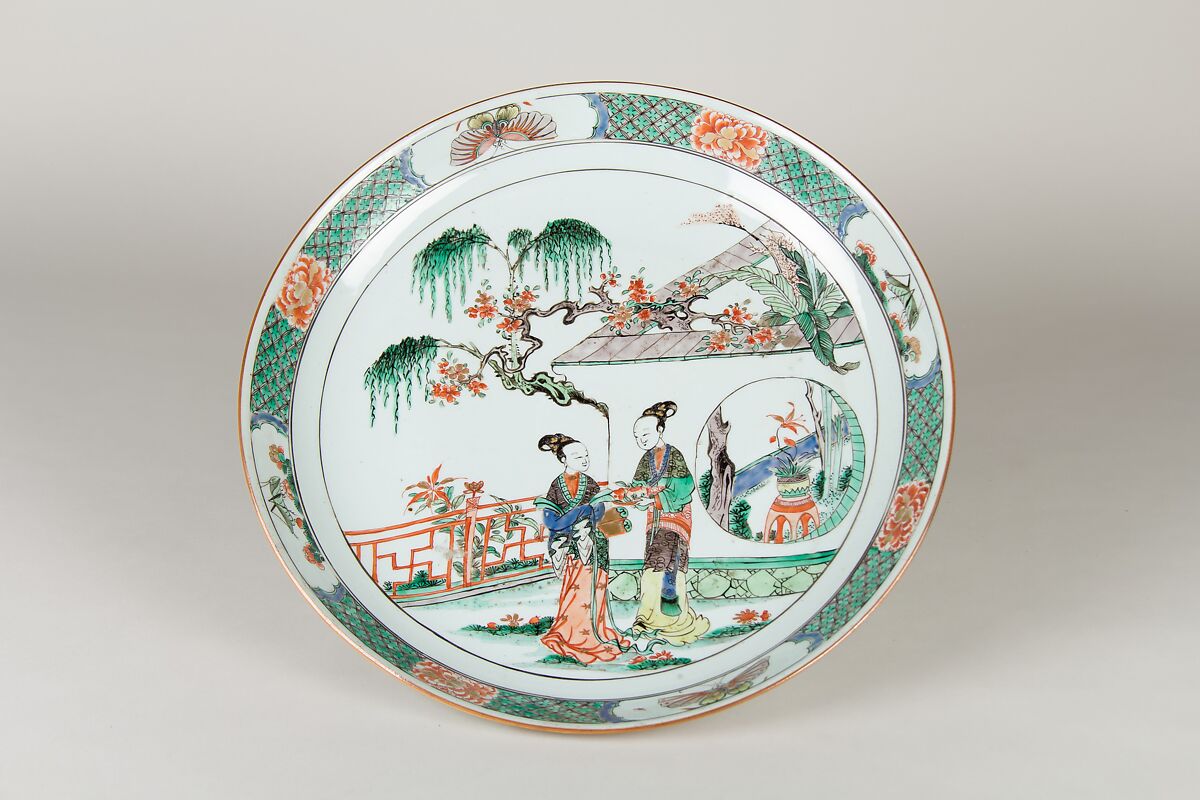 Plate with ladies in a garden, Porcelain painted in overglaze polychrome enamels (Jingdezhen ware), China 