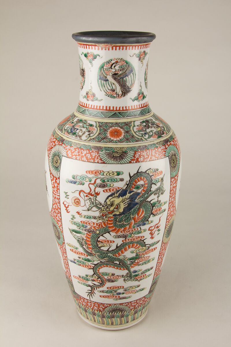 Vase with dragon, phoenixes, and butterflies, Porcelain painted in overglaze polychrome enamels (Jingdezhen ware), China 