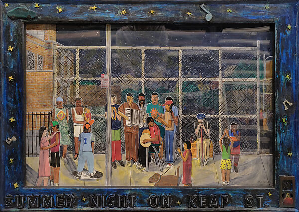 Summer Night on Keap Street, Willie Birch (American, born 1942), Gouache on paper with painted papier-mâché frame 