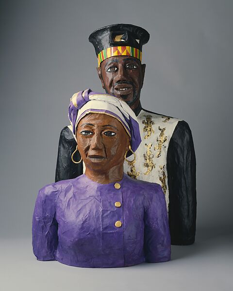 The Couple, Willie Birch (American, born 1942), Painted papier-mâché, shell, mirror, and metal 