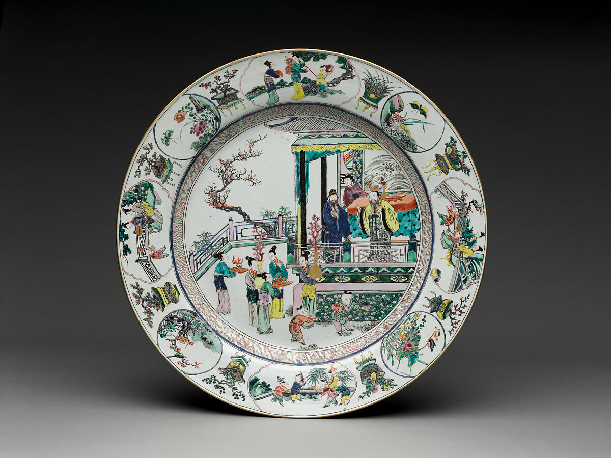 Plate with Scene of Offering Coral Plants to the Emperor, Porcelain painted with colored enamels on the biscuit (Jingdezhen ware), China 