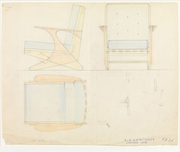 Design for an Armchair, Andor Weininger (American (born Hungary), Karancs 1899–1986 New York), Graphite, colored pencil 