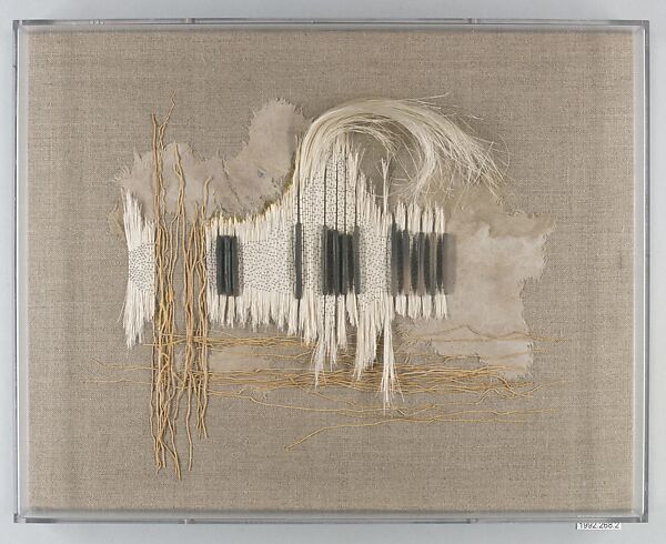 Totonundoo #4, Evelyn Svec Ward (American, Solon, Ohio 1921–1989 Cleveland, Ohio), Clay beads, amate, zacate root, gold leaf, ixtle, cotton thread 