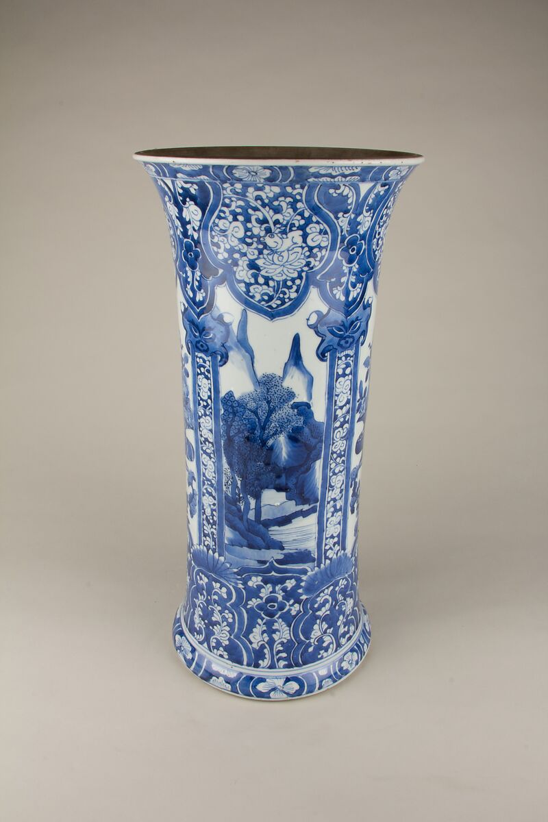 Beaker with landscape, Porcelain painted in underglaze cobalt blue (Jingdezhen ware), China