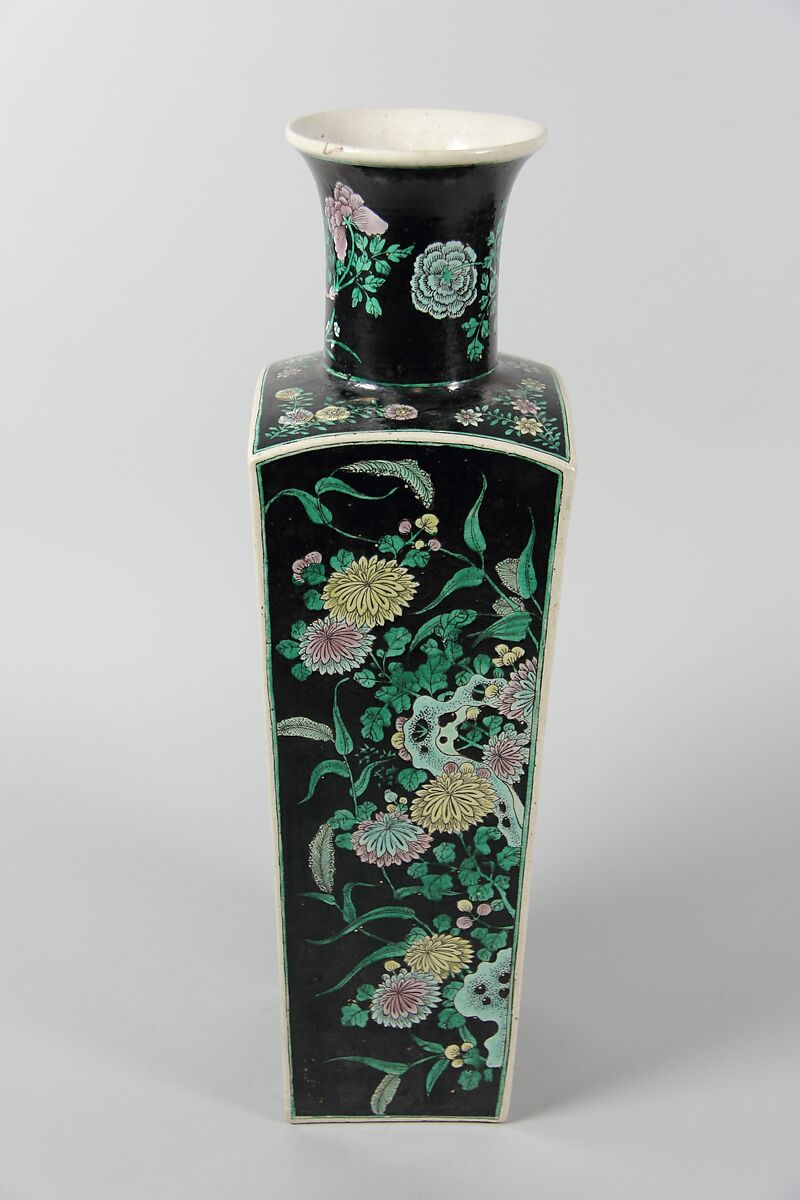 Square vase with scenes of four seasons, Porcelain painted in polychrome enamels over a black ground (Jingdezhen ware, famille noire), China
