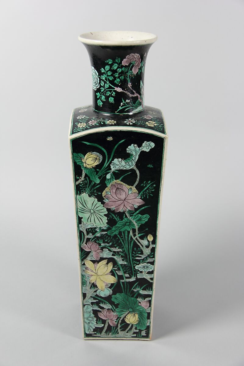 Square vase with scenes of four seasons, Porcelain painted in polychrome enamels over a black ground (Jingdezhen ware, famille noire), China