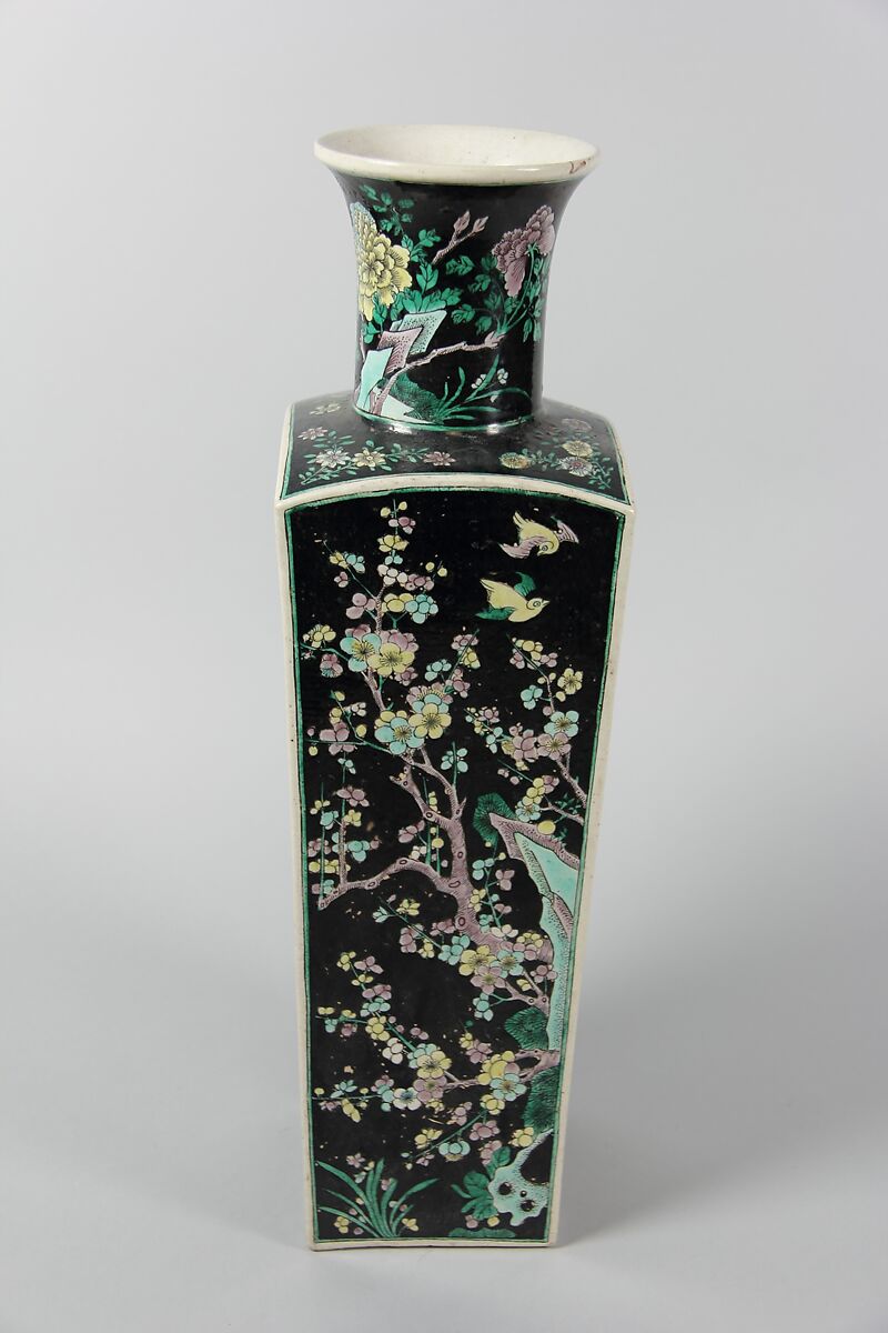 Square vase with scenes of four seasons, Porcelain painted in polychrome enamels over a black ground (Jingdezhen ware, famille noire), China 