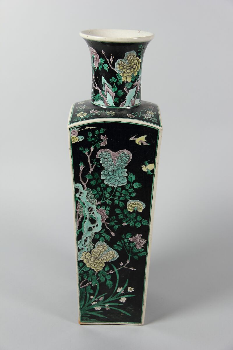 Square vase with scenes of four seasons, Porcelain painted in polychrome enamels over a black ground (Jingdezhen ware, famille noire), China