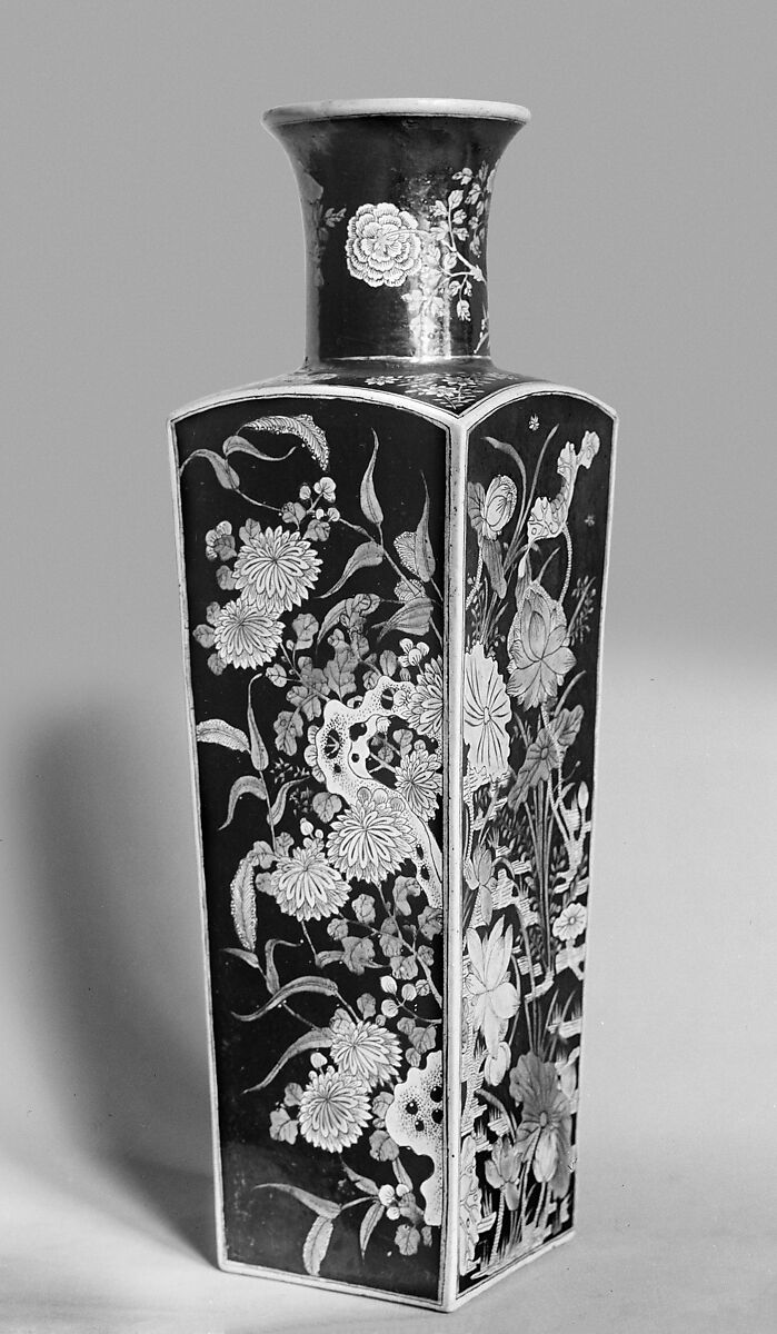 Square vase with scenes of four seasons, Porcelain painted in polychrome enamels over a black ground (Jingdezhen ware, famille noire), China