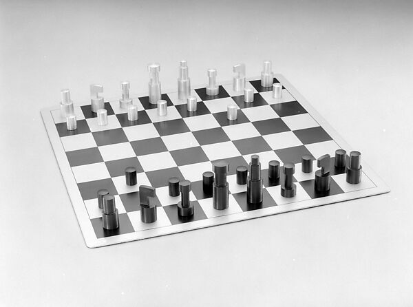 Chess set, Vilmos Huszar (Dutch, 1884–1960), Brushed and black oxidized aluminum, Dutch (Amsterdam) 