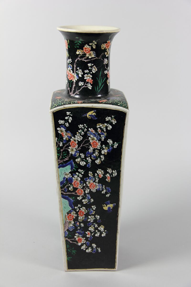 Square vase with scenes of four seasons, Porcelain painted in polychrome enamels over a black ground (Jingdezhen ware, famille noire), China